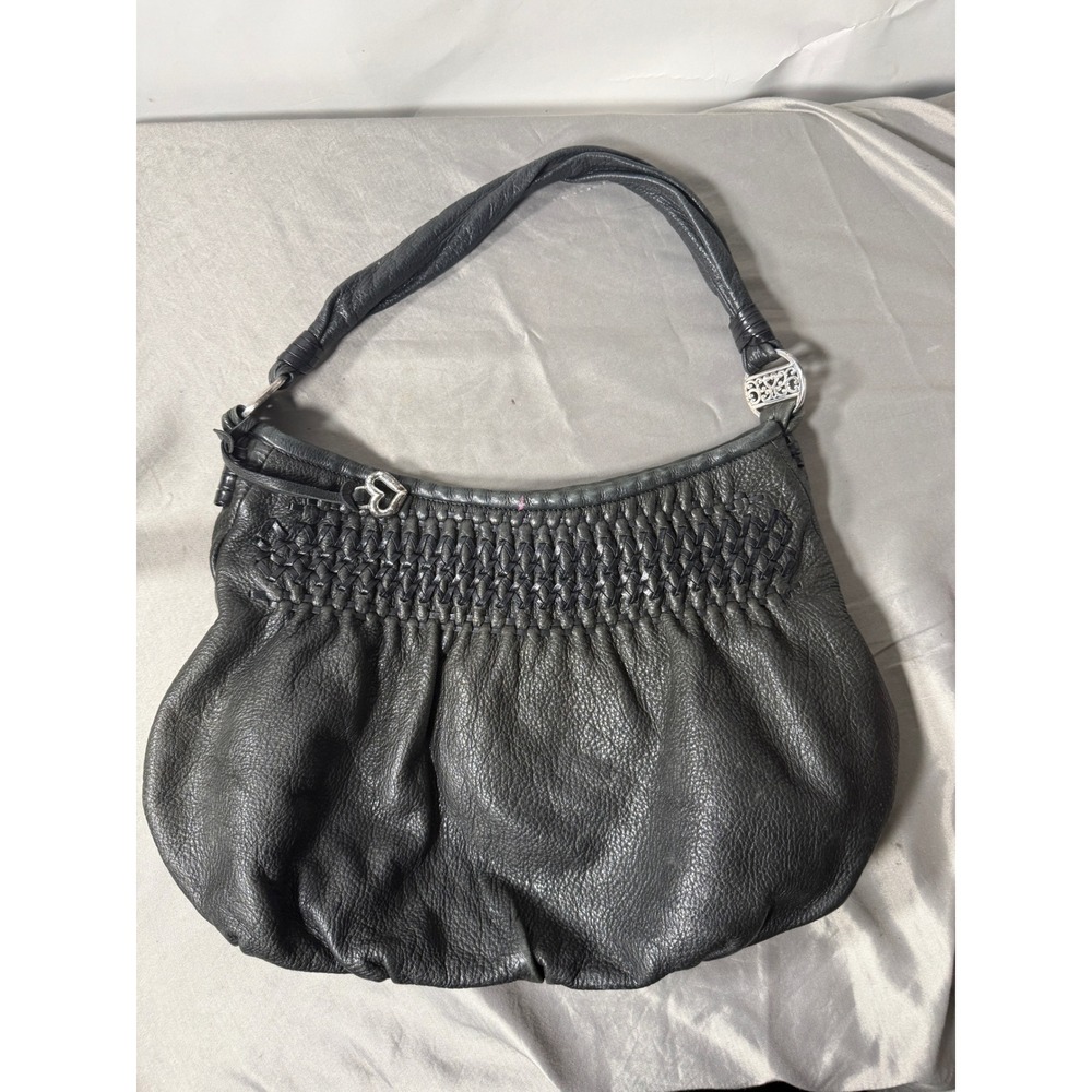 Brighton Black Pebbled Leather Woven Lattice Hobo Shoulder Bag Silver Heart